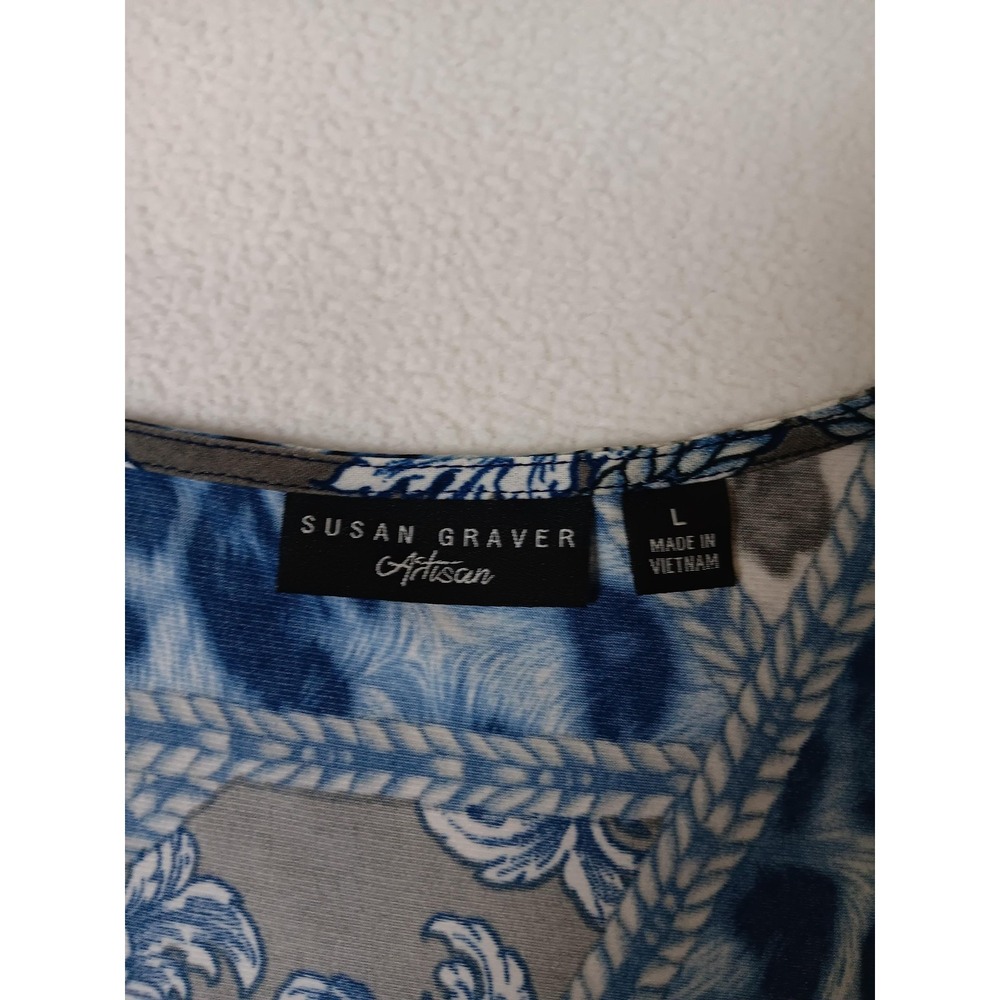 Susan Graver Artisan Blue Animal Print Tunic Womens L V-Neck Rhinestone - Picture 2 of 7